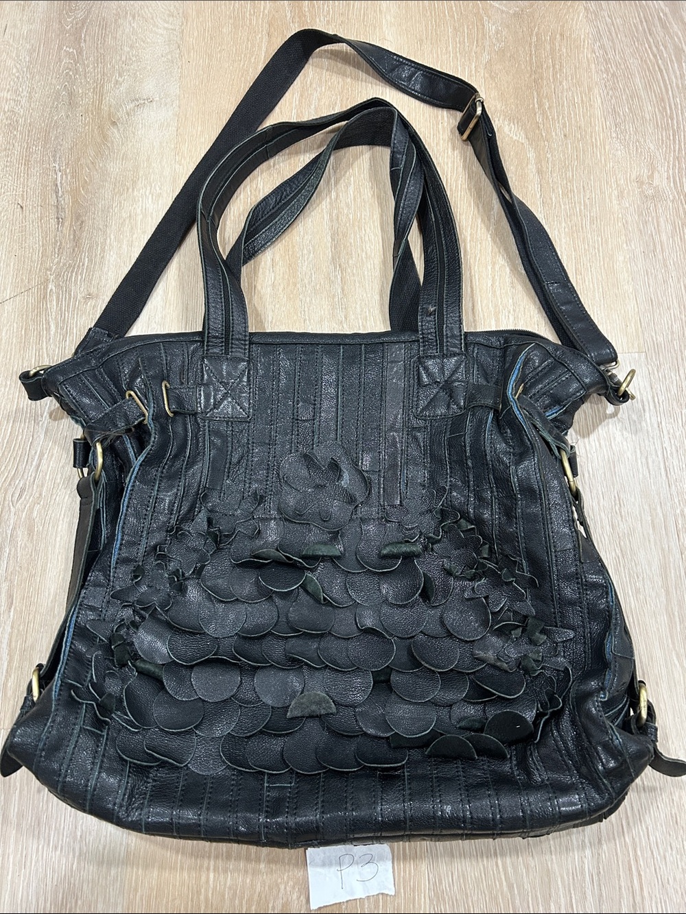 Black Floral-Applique Leather Shoulder Bag